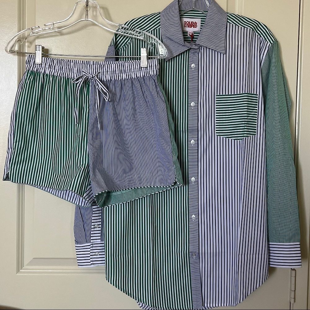 SOLID & STRIPED Green and Navy Striped Swim Coverup Shirt & Shorts Set